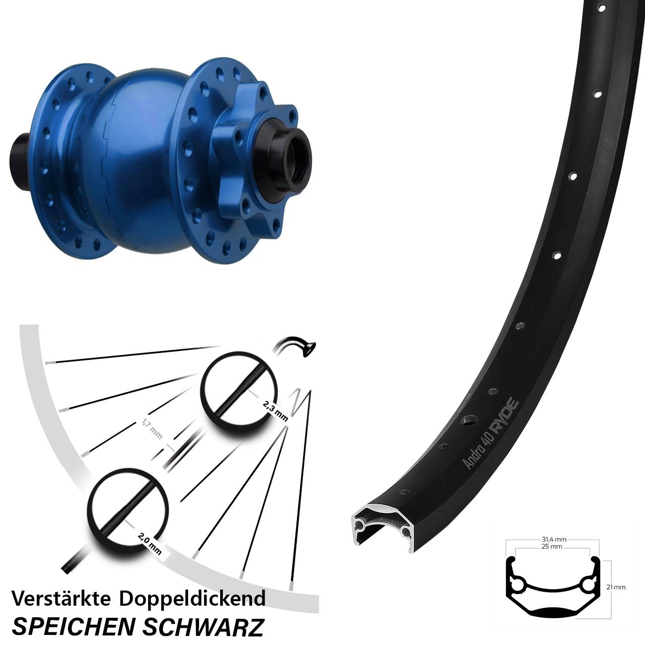 Boost Nabendynamovorderrad 6-Loch 15x110 26 Zoll Ryde Andra 40 SON 28 blau