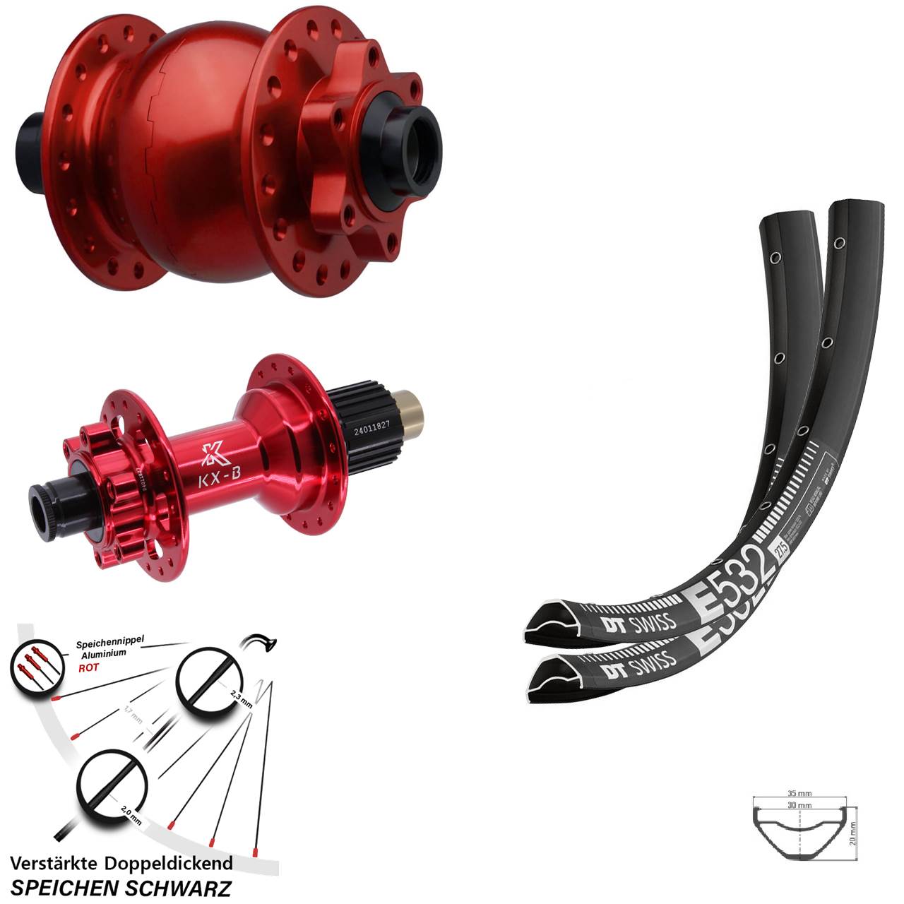 Laufradsatz 6-Loch 27,5 Zoll DT Swiss E532 KX-B rot SON 28 Micro Spline 15x110 12x148
