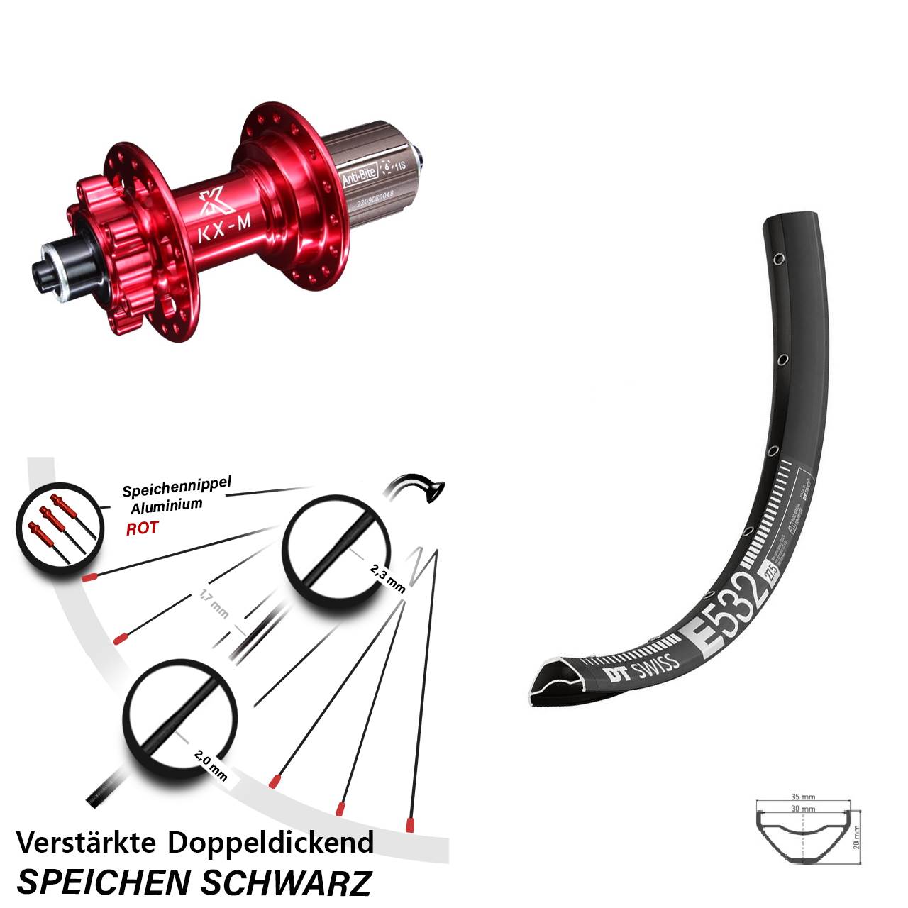 Disc Laufrad 29 Zoll DT Swiss E532 KX-M rot 8-12 fach für Schnellspanner