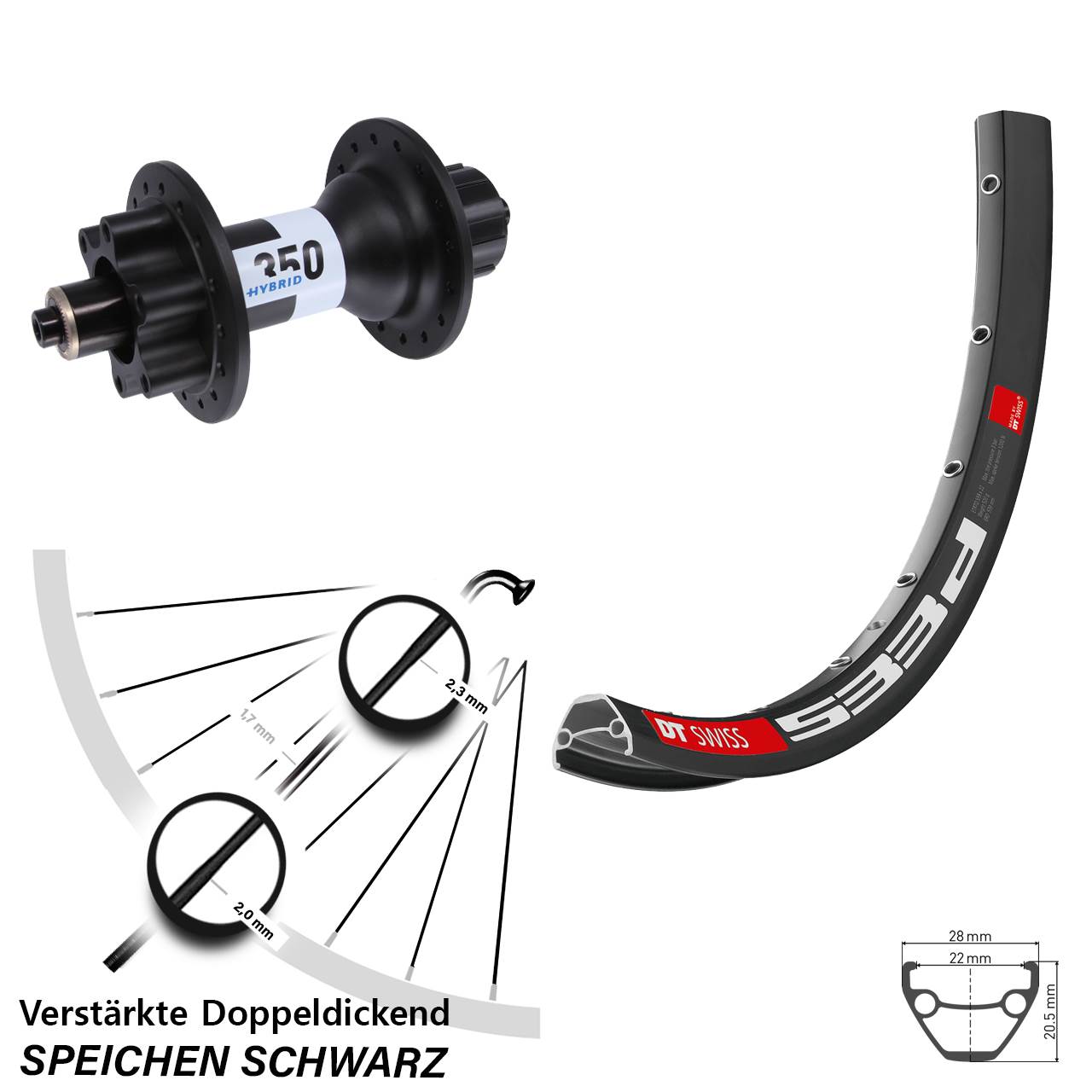 Hinterrad 27,5 Zoll DT Swiss 533D-350 Hybrid Singlespeed 5x135 6-Loch