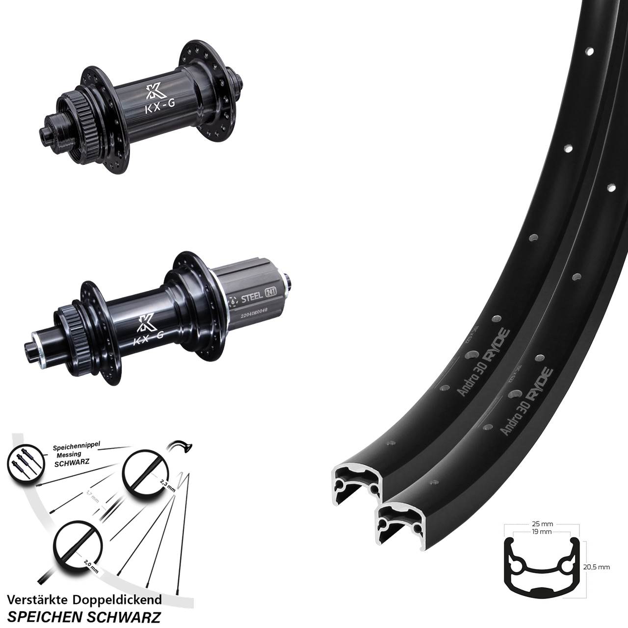 Ryde Andra 30 KX-GS verstärkt 28 Zoll Disc Laufradsatz für Schnellspanner 8-12 fach