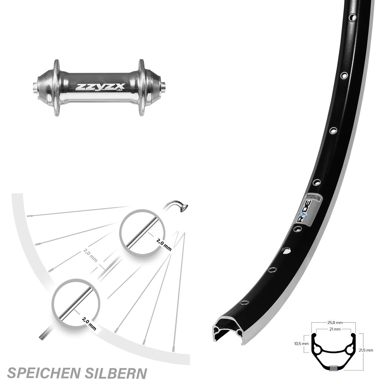 Vorderrad 26 Zoll Ryde ZAC 421 Formula für Schnellspanner