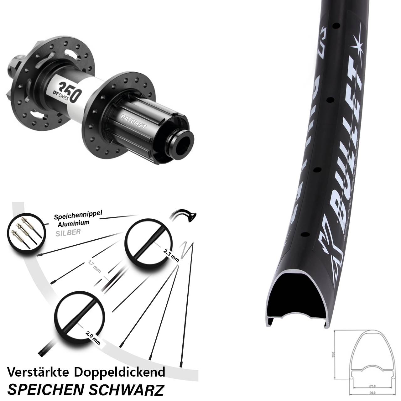 6-Loch Hinterrad 29 Zoll KX Bullet DT Swiss 350 8-11 fach HG 12x142
