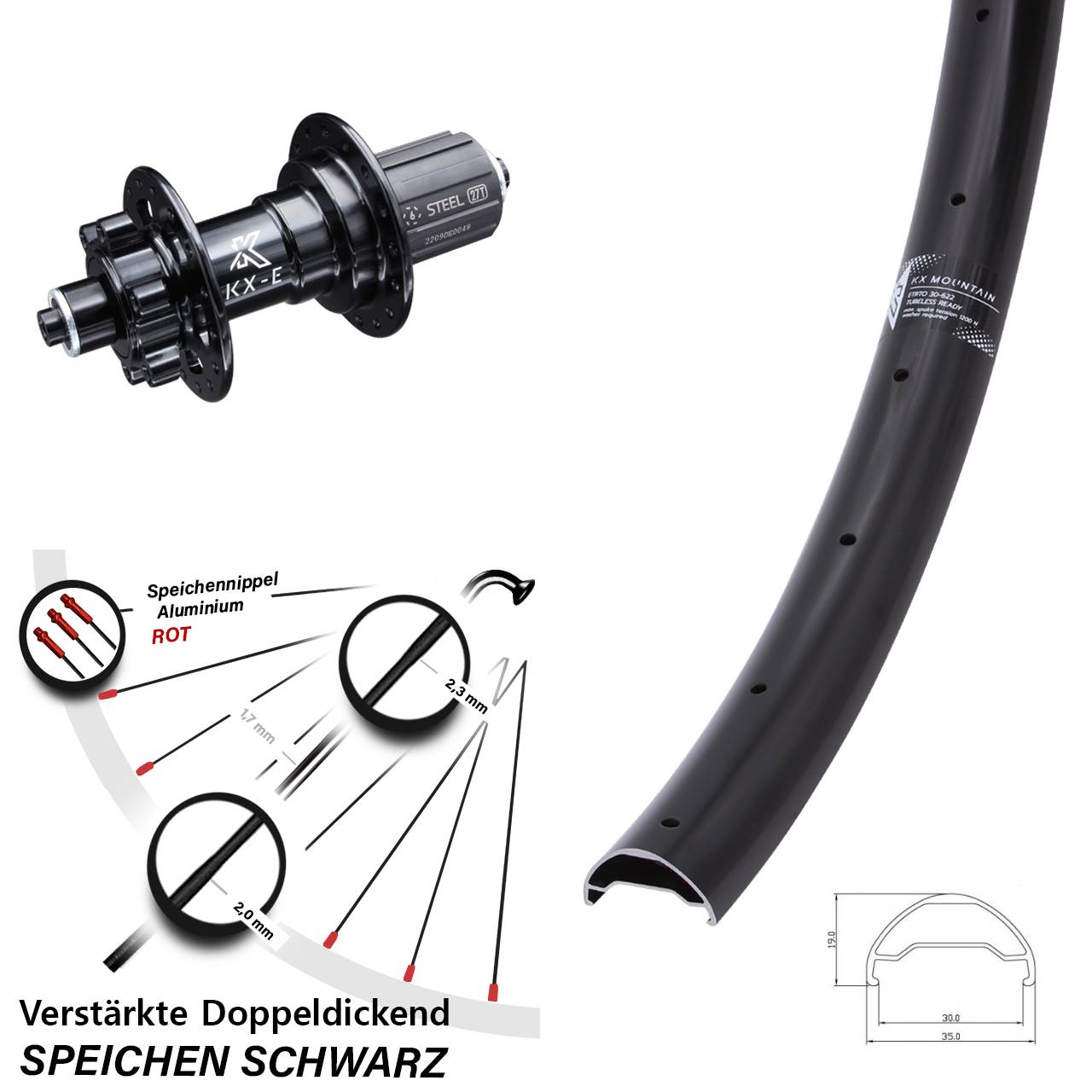 6-Loch Hinterrad 29 Zoll KX Mountain TR schwarz Stahl Freilauf Schnellspanner 8-12 fach
