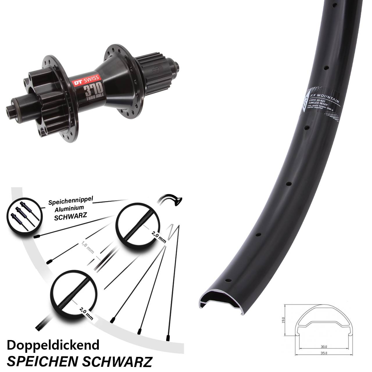 29 Zoll KX Mountain TR DT Swiss 370 Hybrid Disc Hinterrad für Schnellspanner Micro Spline