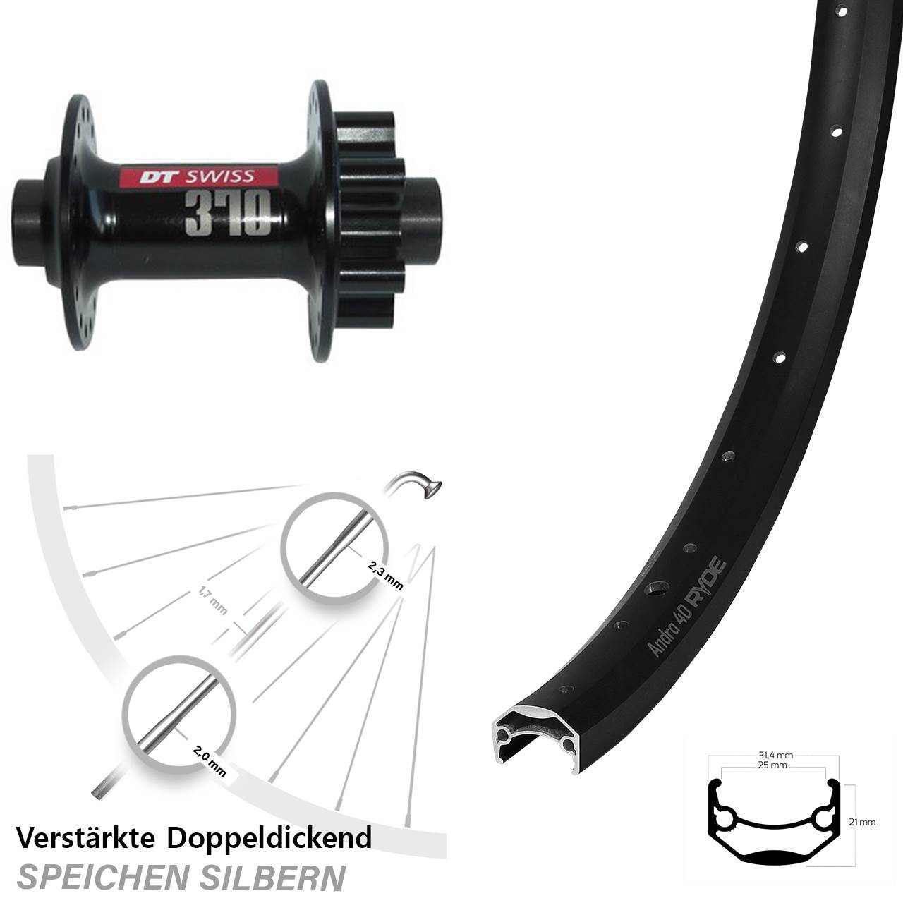 Vorderrad 6-Loch 20 Zoll Ryde Andra 40 DT Swiss 370 15x100