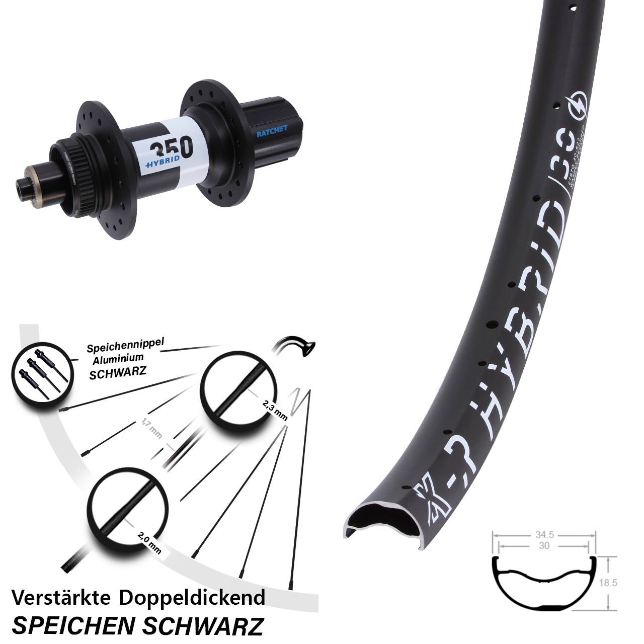 KX-R Hybrid 30 DT Swiss 350 29 Zoll Hinterrad für Schnellsp. 8-11 fach