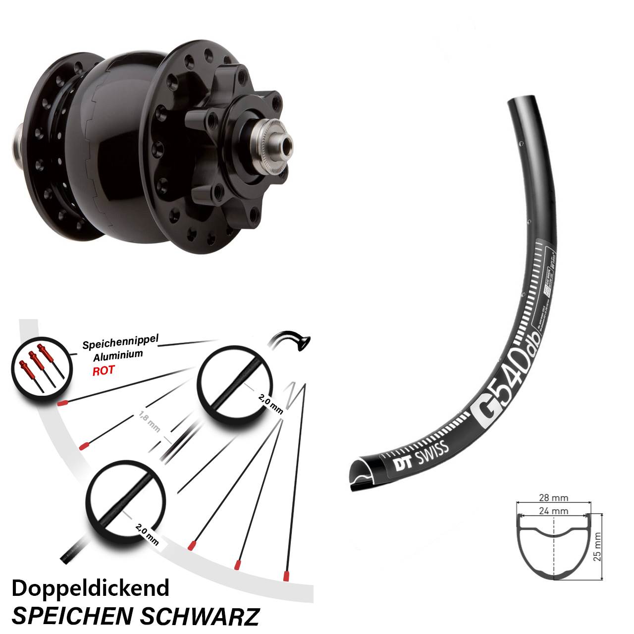 Vorderrad Gravel DT Swiss G 540 Nabendynamo SON 28 Disc Schnellspanner