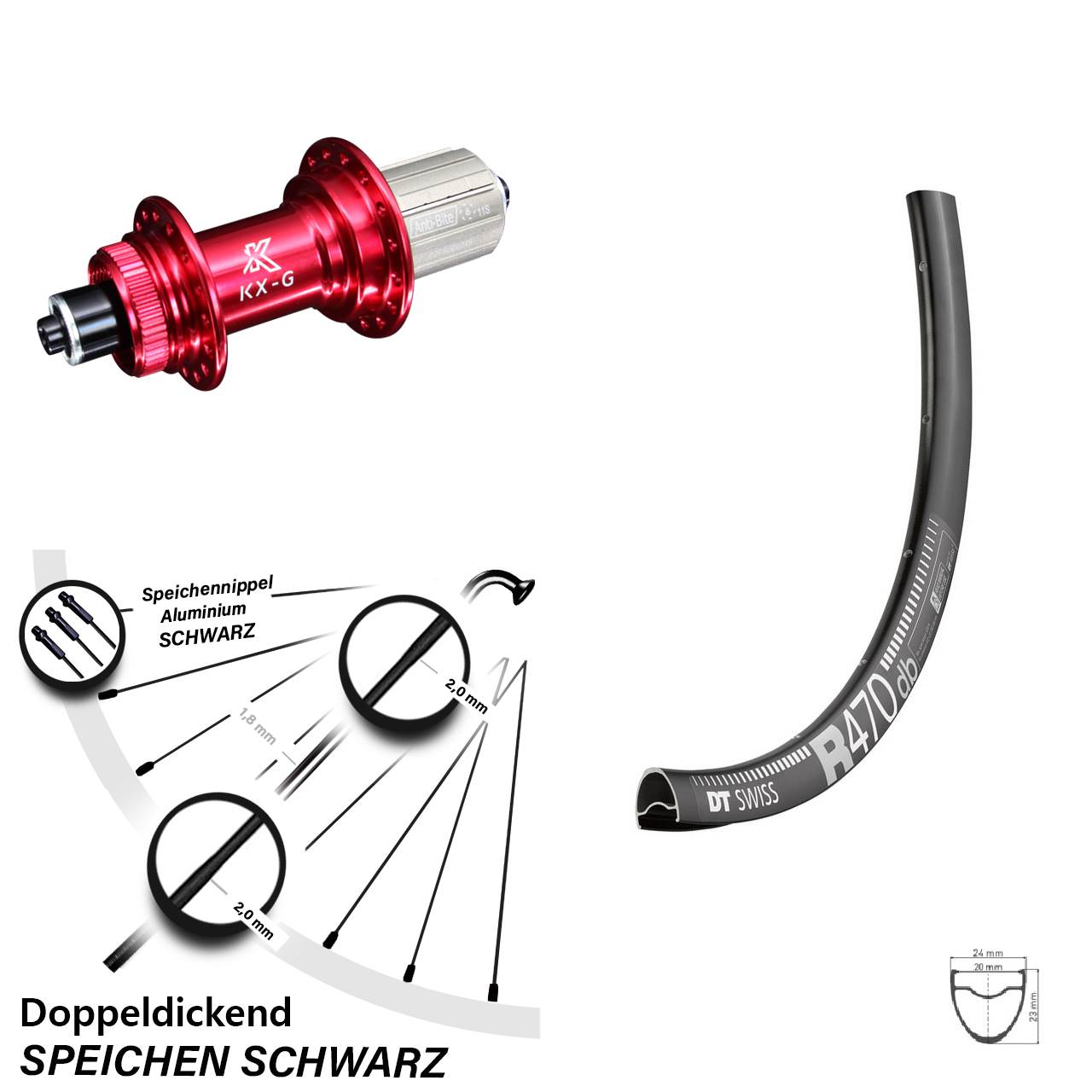 28 Zoll Hinterrad DT Swiss R 470 DB mit KX-G 8-12 fach Nabe rot-eloxiert Schnellspanner