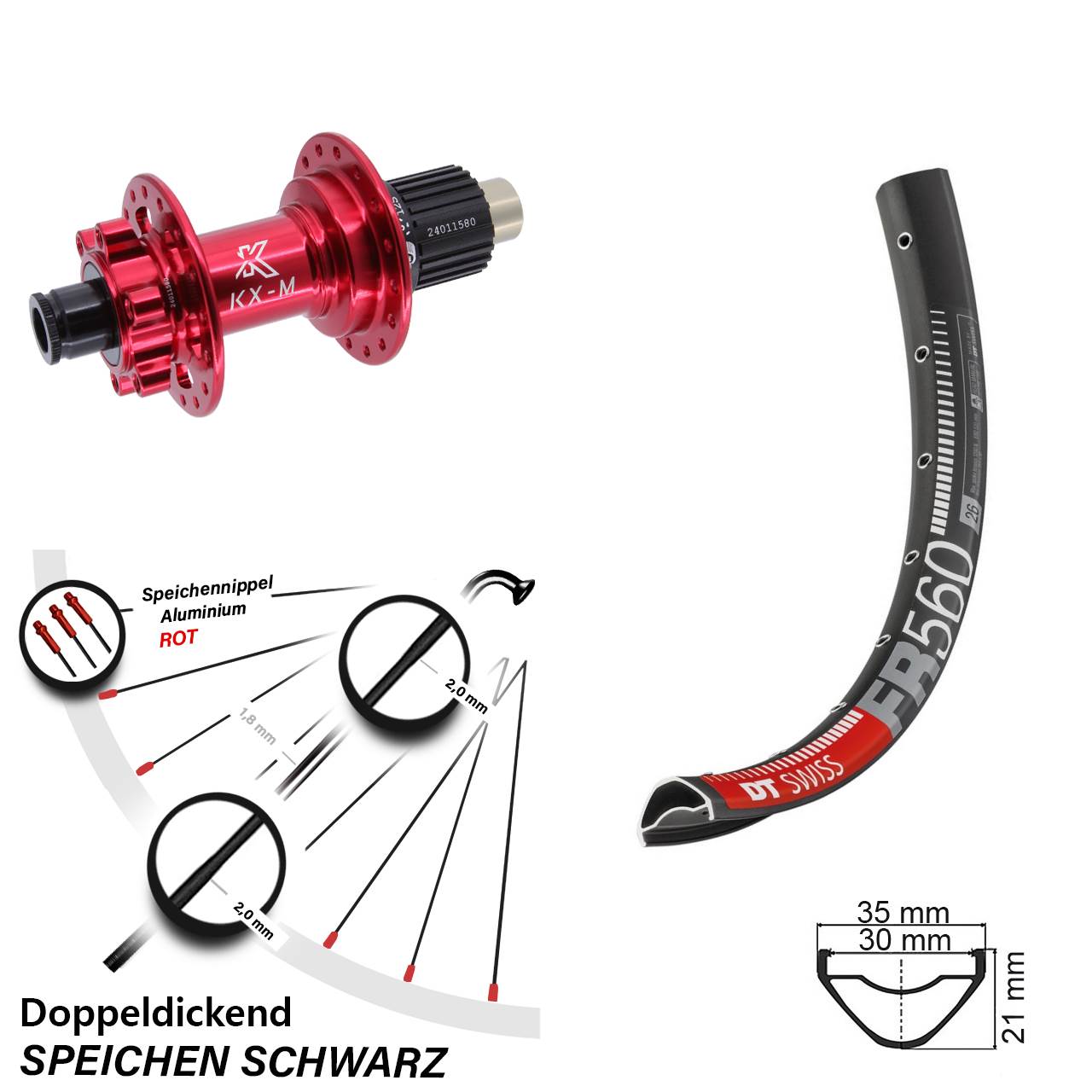 DT Swiss FR 560 26 Zoll Hinterrad KX-M rot Micro Spline 12x142