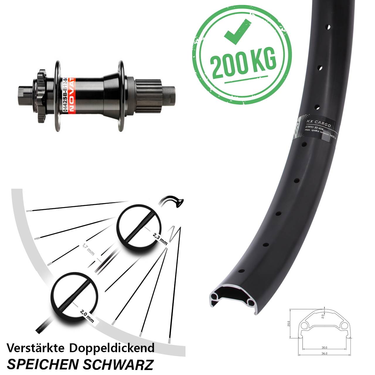 Boost Hinterrad 6-Loch 12x148 26 Zoll KX Cargo Novatec D442 Shimano Micro Spline