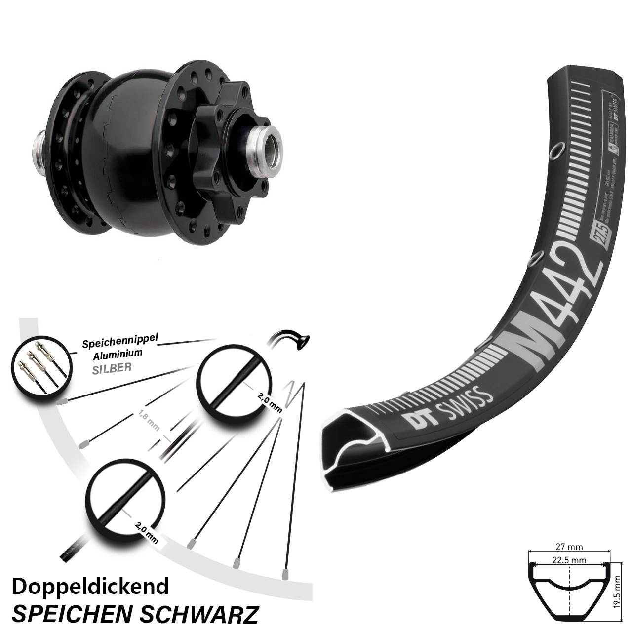 DT Swiss M442 SON 28 Zoll Dynamo-Vorderrad 6-Loch 12x100