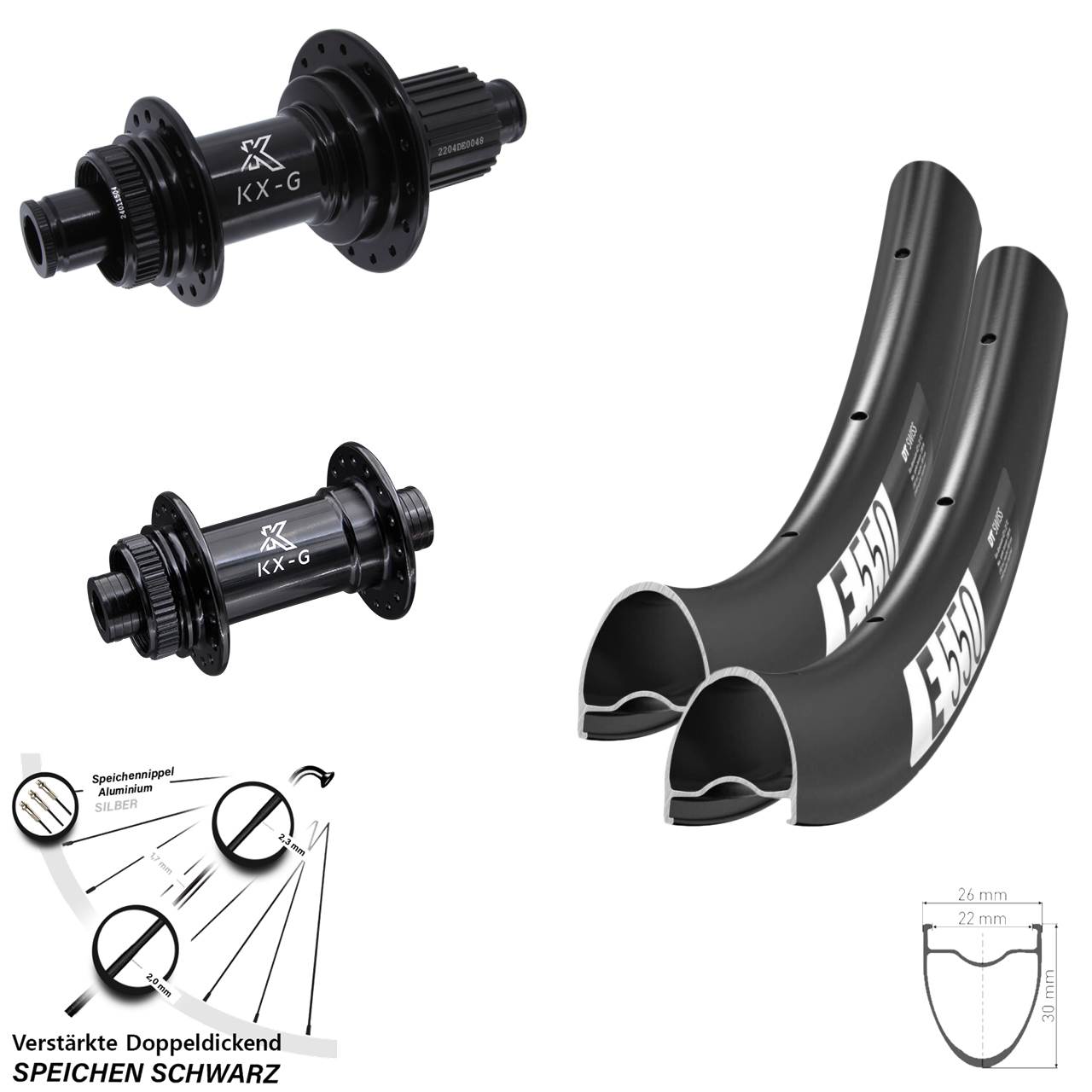 28 Zoll DT Swiss E 550 KX-GS verstärkt Disc Laufrad-Satz 12x100/142 Shimano Micro Spline