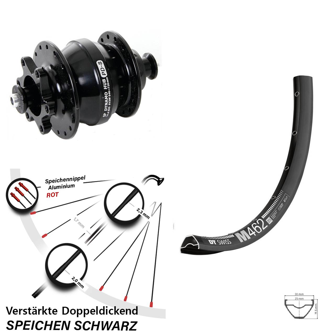 Disc Vorderrad mit Nabendynamo 27,5 Zoll DT Swiss M 462 SP PD-8 für Schnellspanner