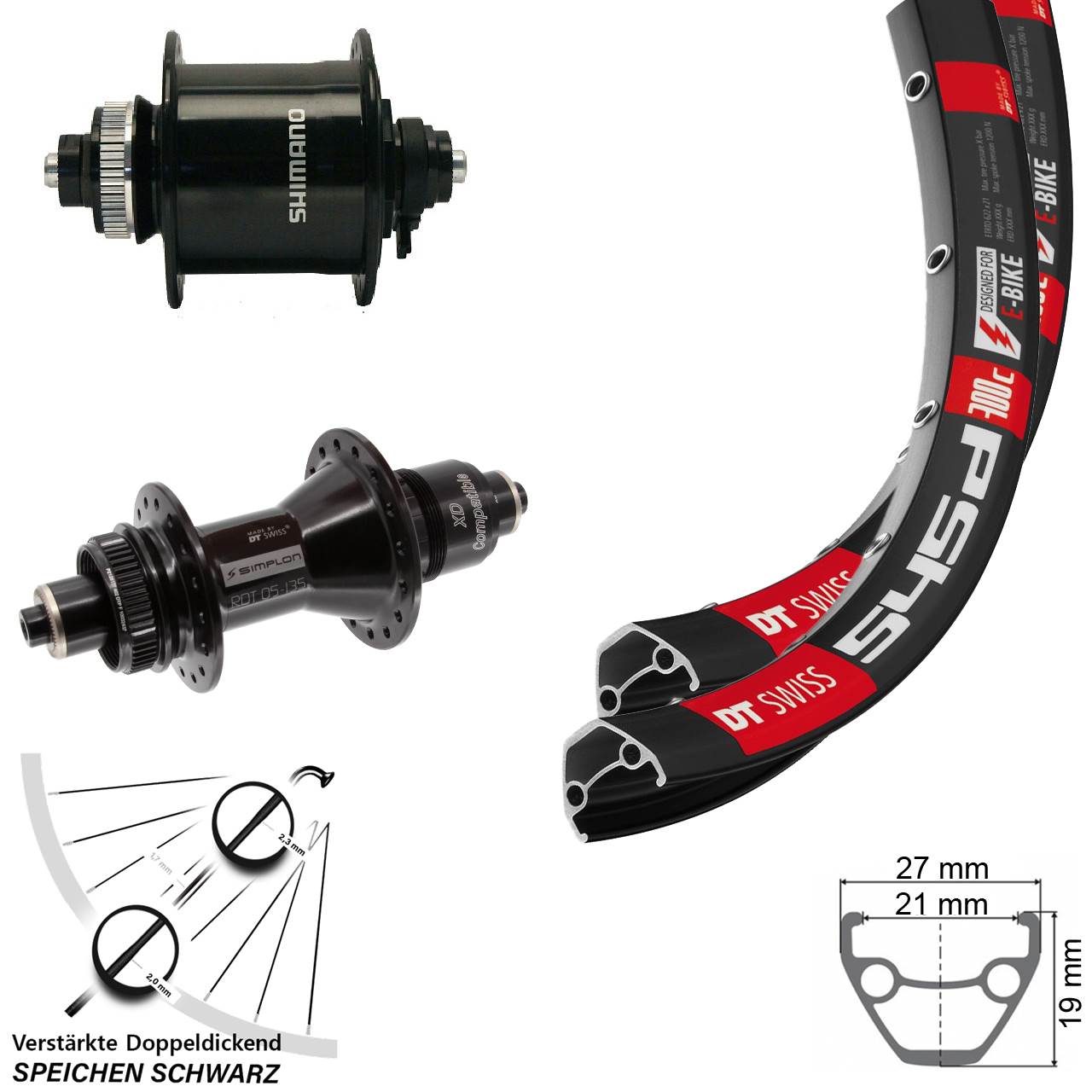 28 Zoll DT Swiss 545 370 Shimano DH-UR700-3D Disc Laufrad-Satz für Schnellspanner XD 11-12