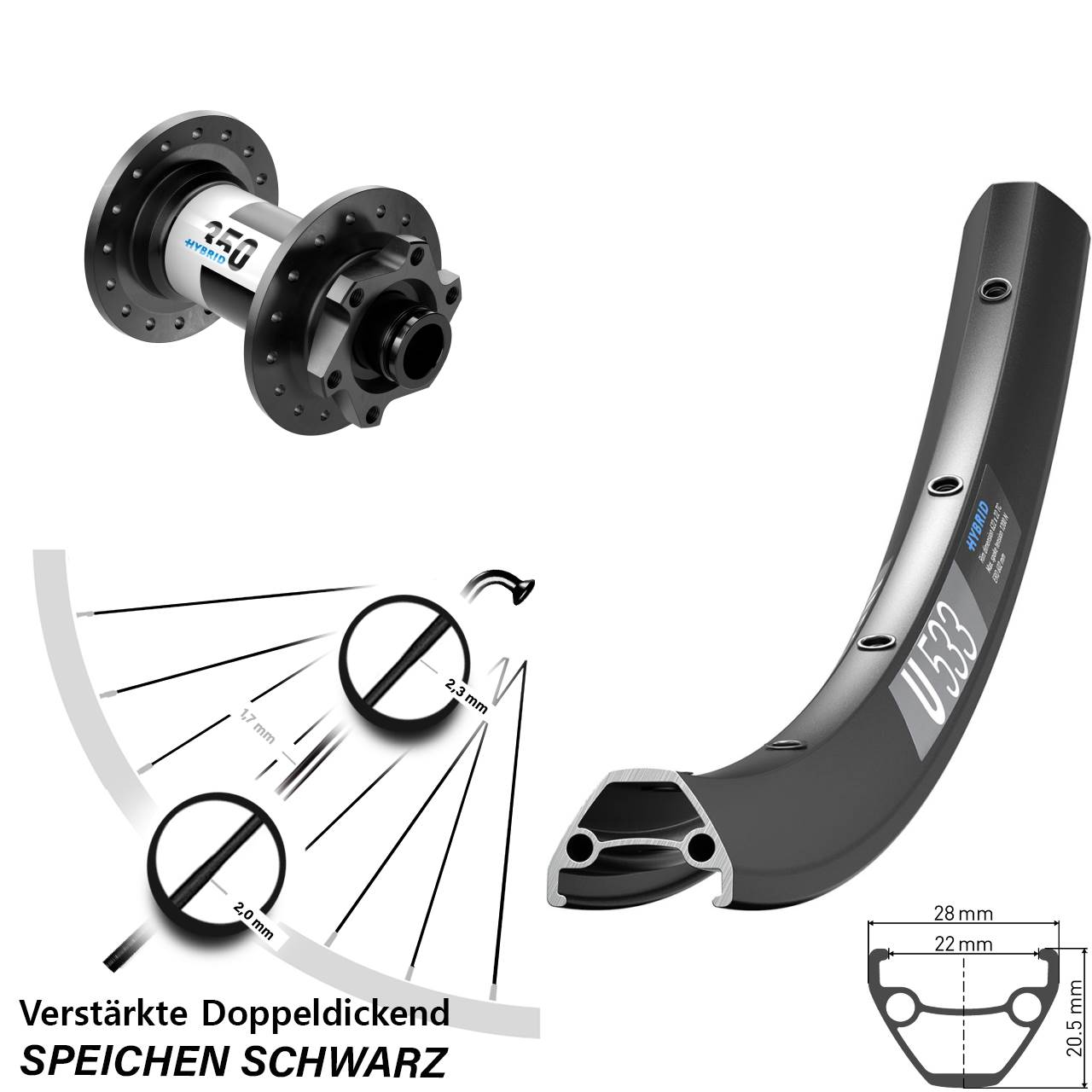 Vorderrad 6-Loch 15x100 26 Zoll DT Swiss U 533 DT Swiss 350 Hybrid