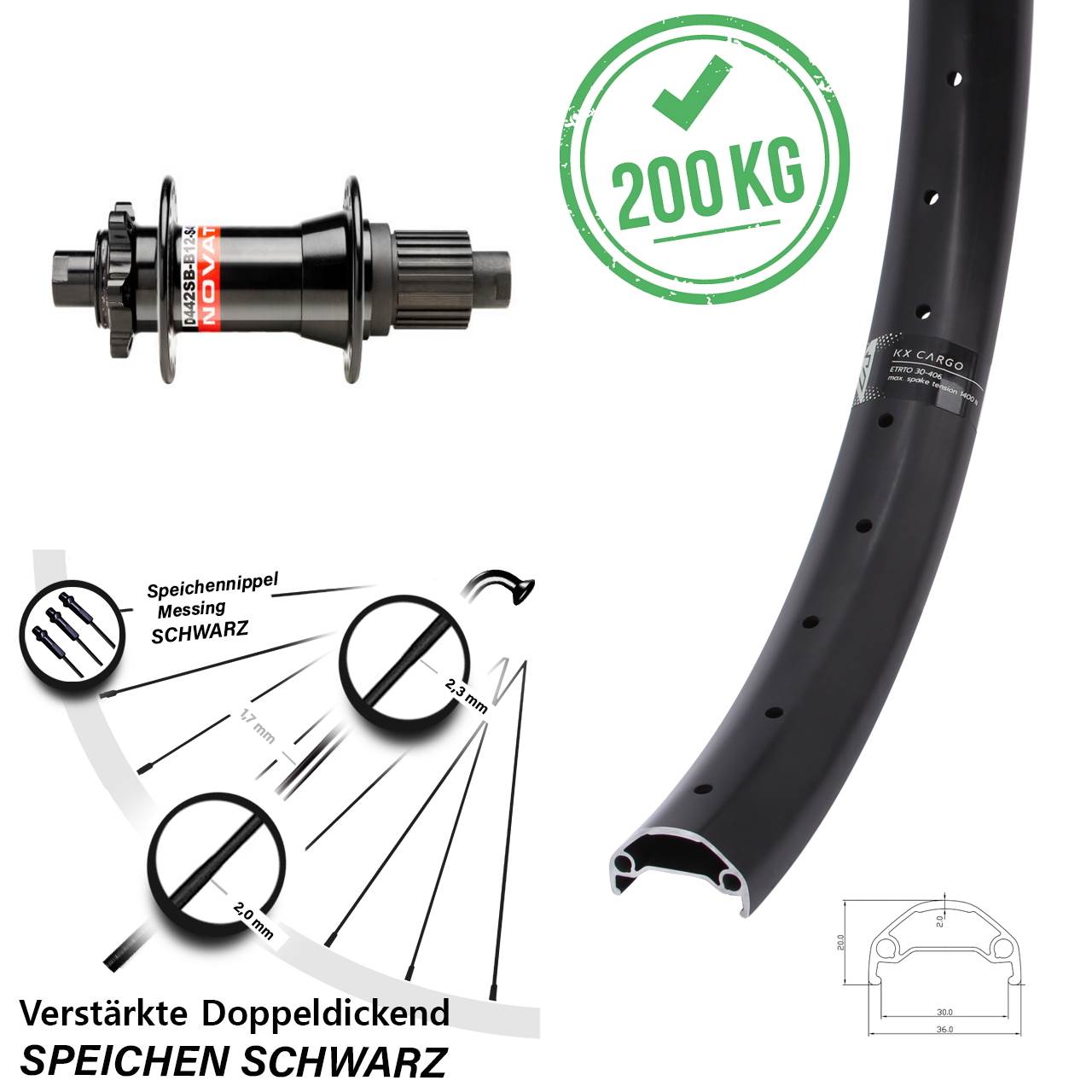 20 Zoll KX Cargo Novatec D442 Boost Hinterrad 6-Loch 12x148 Boost Micro Spline