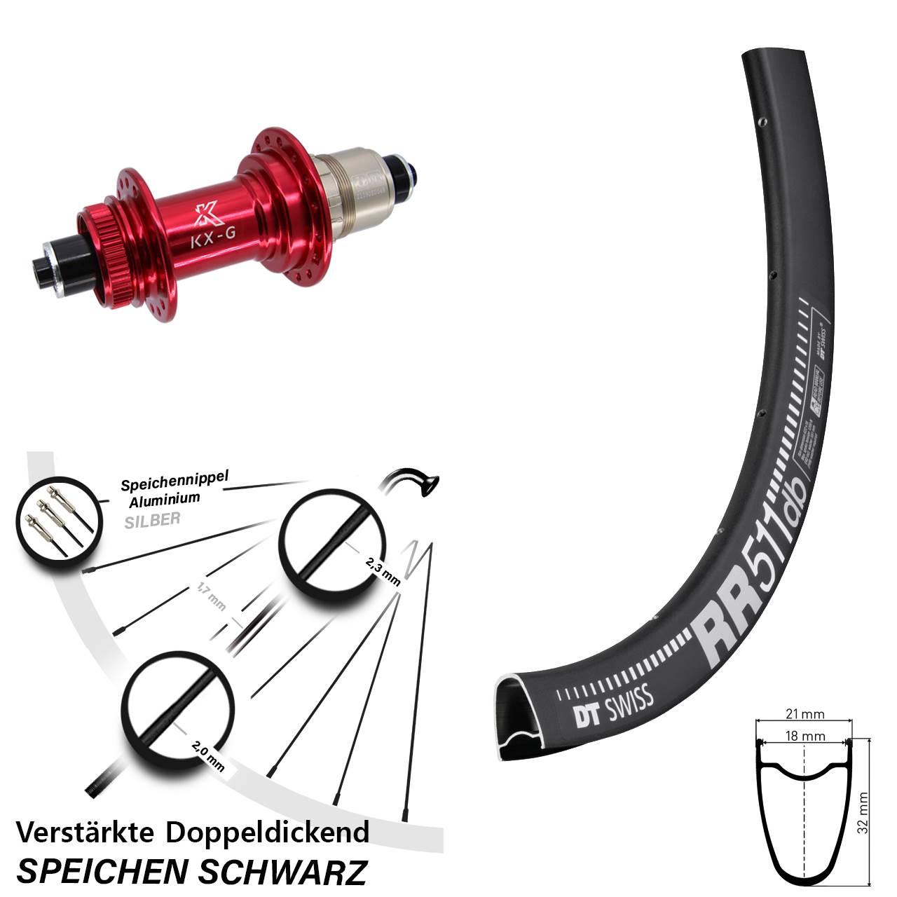 Disc Hinterrad 28 Zoll DT Swiss RR511 KX-G rot XDR 11-12 fach für Schnellspanner
