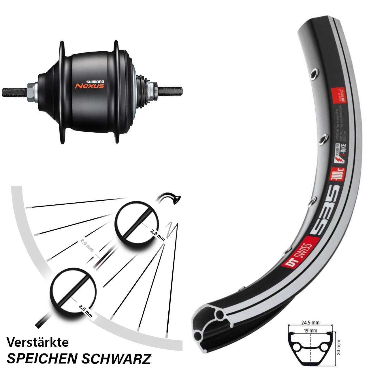 26 Zoll Hinterrad Shimano Nexus 8 Gang Freilauf DT Swiss 535 schwarz