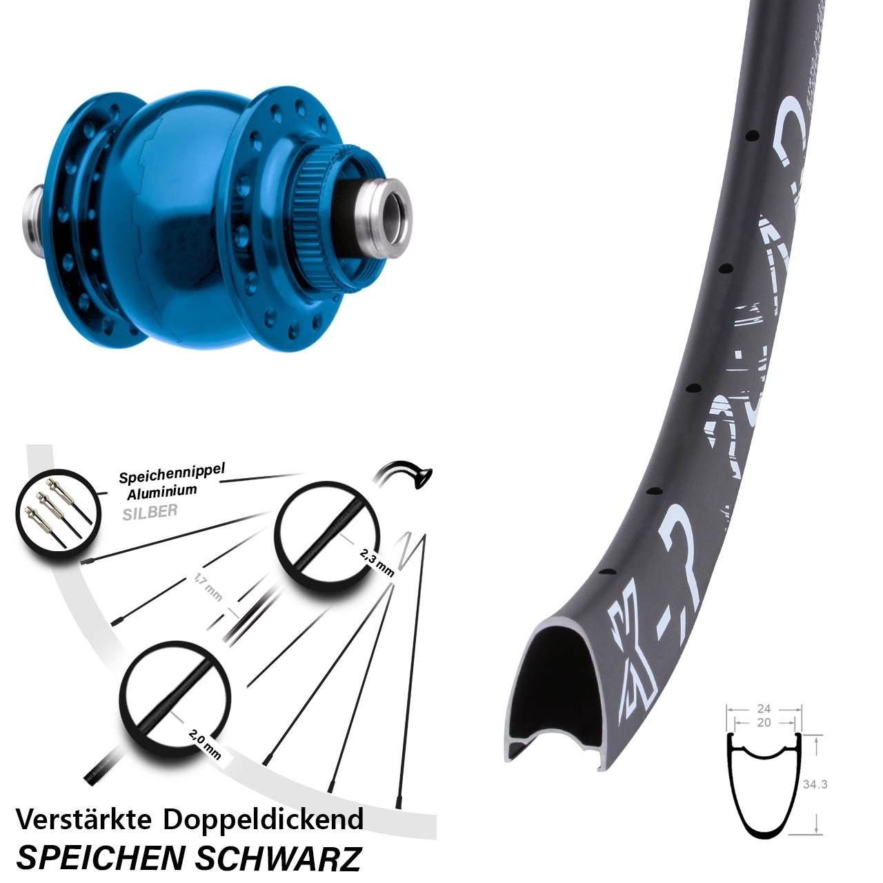 Centerlock Vorderrad mit Dynamo 29 Zoll KX-R Road SON 28 blau 12x100