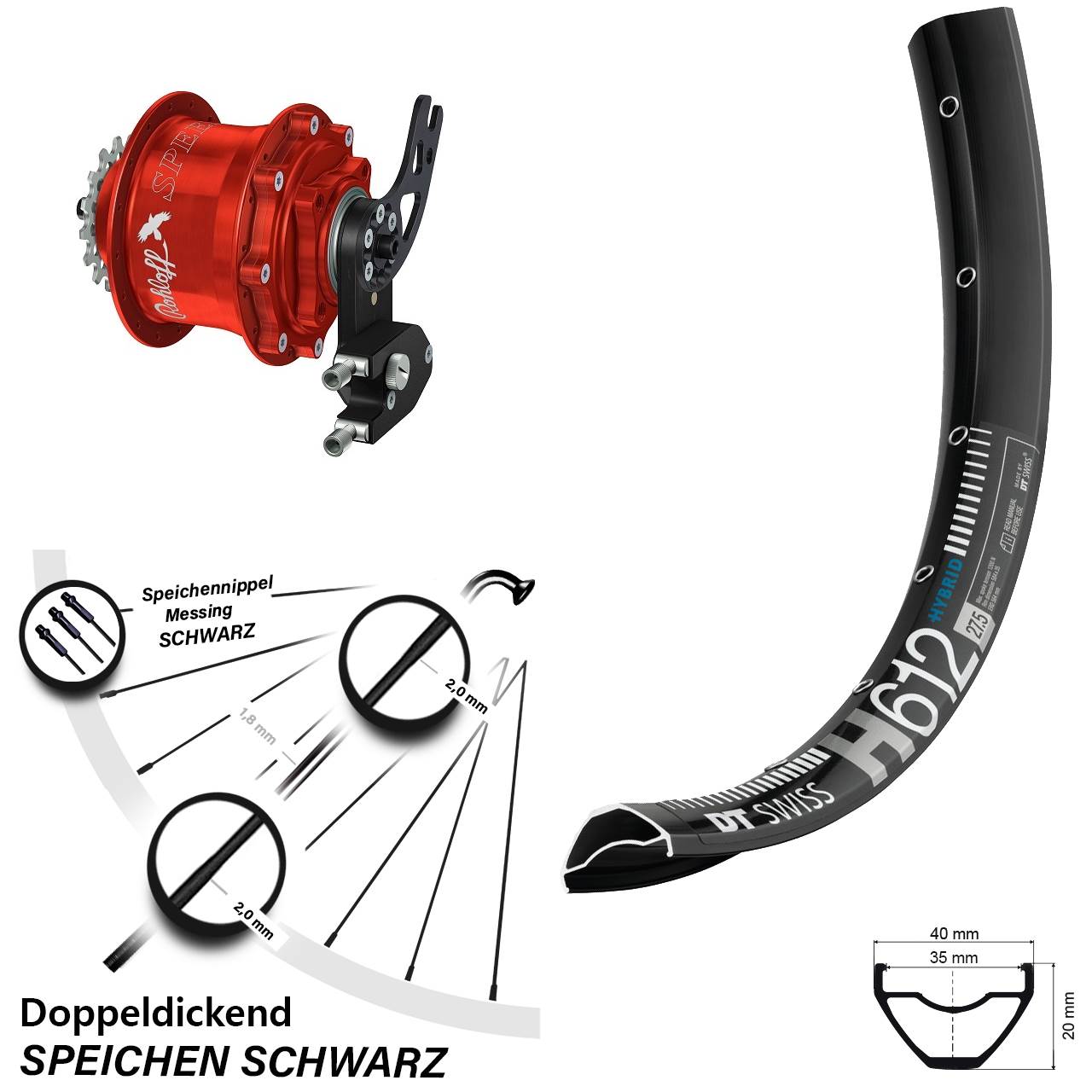 Disc Hinterrrad 27,5 Zoll DT Swiss H 612 Rohloff Speedhub CC DB PM rot