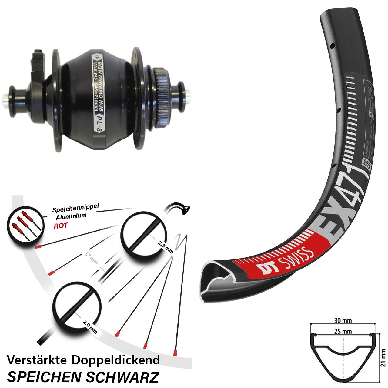 Nabendynamovorderrad für Schnellspanner 26 Zoll DT Swiss EX 471 Shutter Precision PL-8