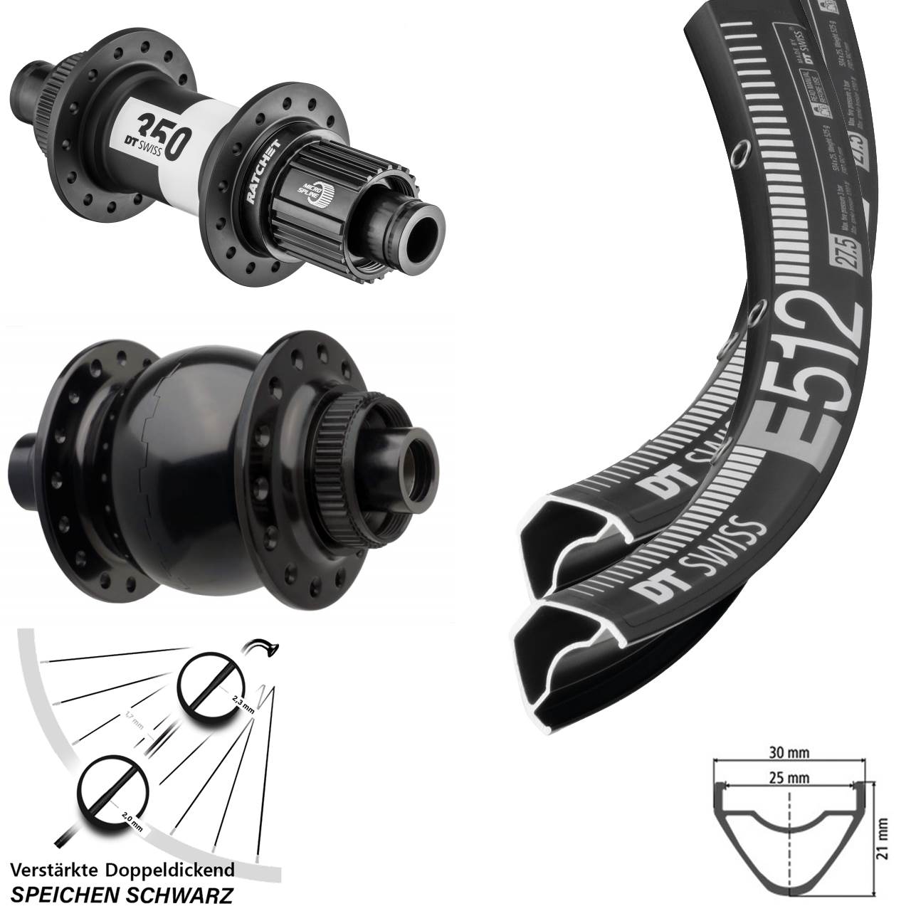 650B DT Swiss E 512-350 Ratchet 36 SON 28 Laufrad-Satz 15x110 12x148 Micro Spline