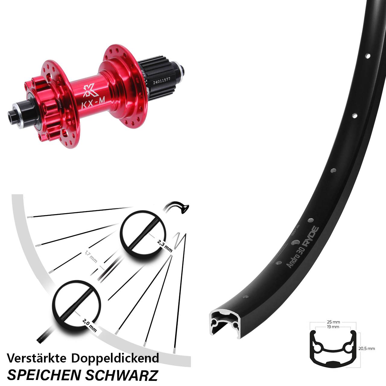 Hinterrad 6-Loch QR 28 Zoll Ryde Andra 30 KX-M rot Shimano Micro Spline