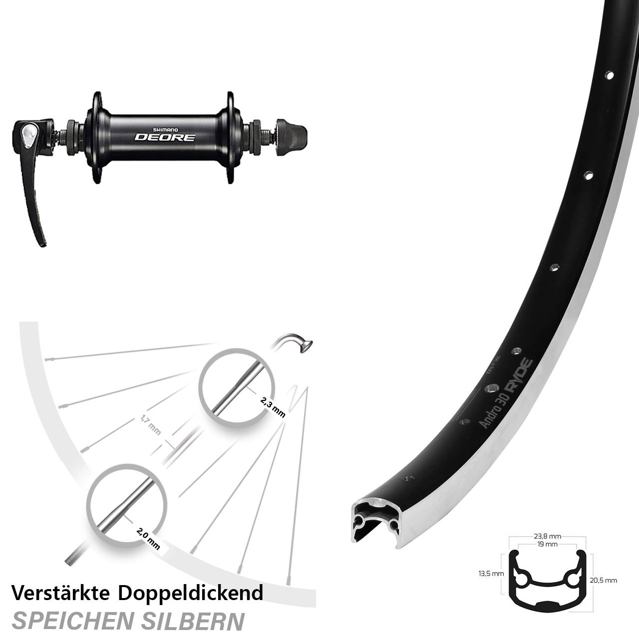 Vorderrad 28 Zoll Ryde Andra 30 Shimano Deore QR