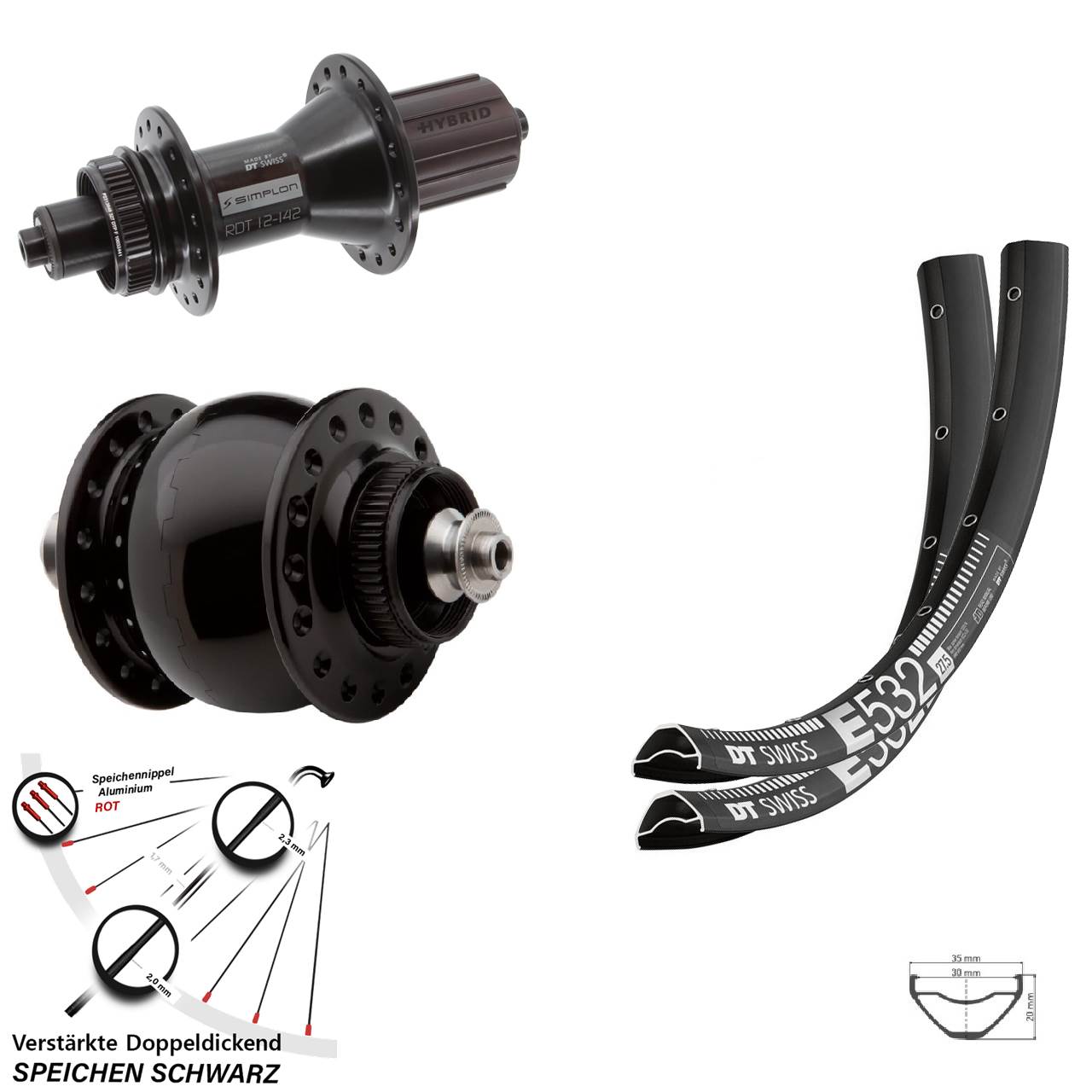 DT Swiss E 532-370 Hybrid SON delux 27,5 Zoll Disc Laufrad-Satz QR 8-11 fach