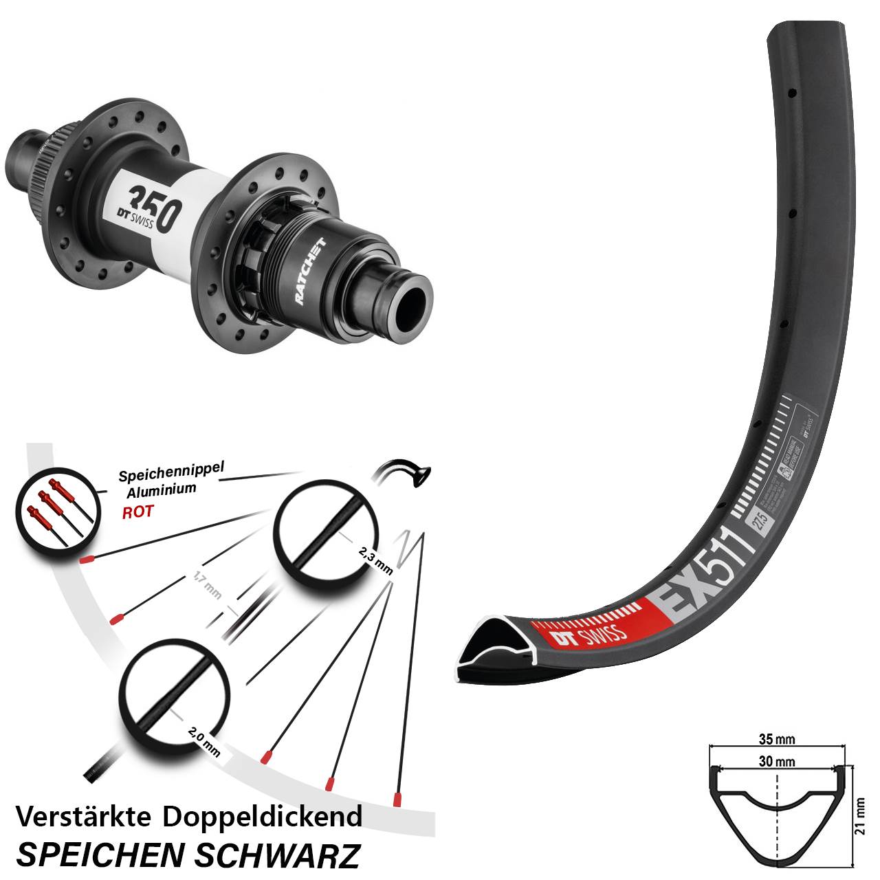27,5 Zoll DT Swiss EX511-350 Boost Centerlock Hinterrad 12x148 SRAM XD