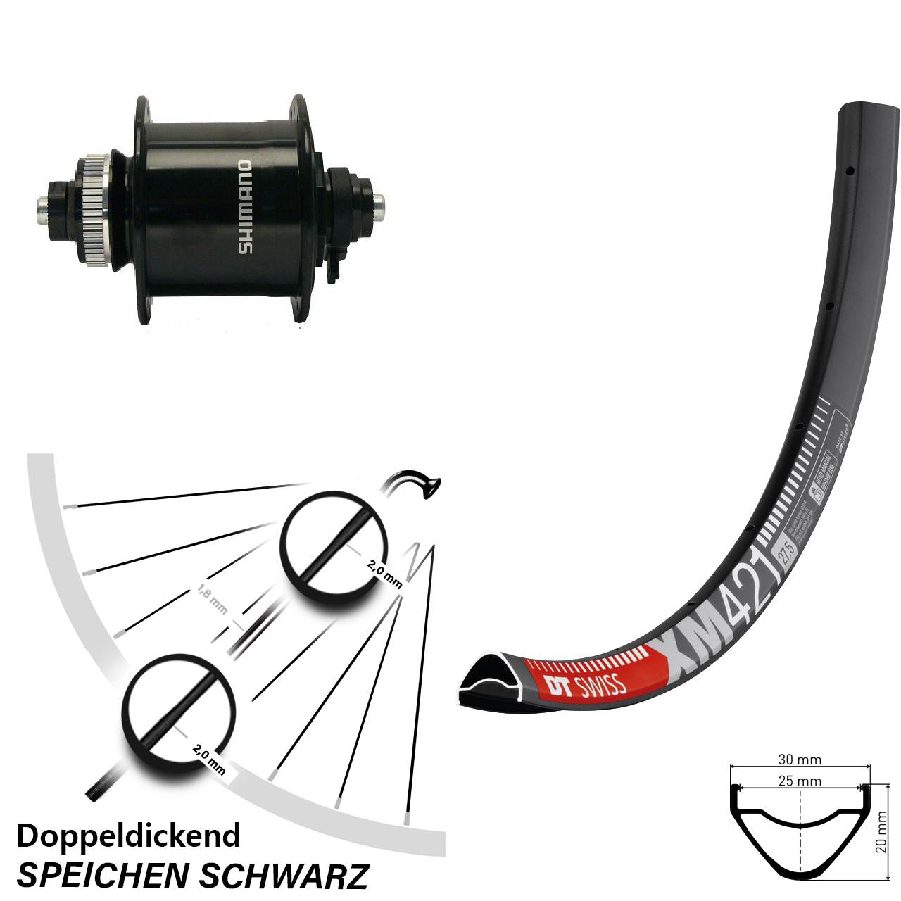 Disc Laufrad mit Nabendynamo für Schnellspanner 650B DT Swiss XM421 Shimano DH-UR700