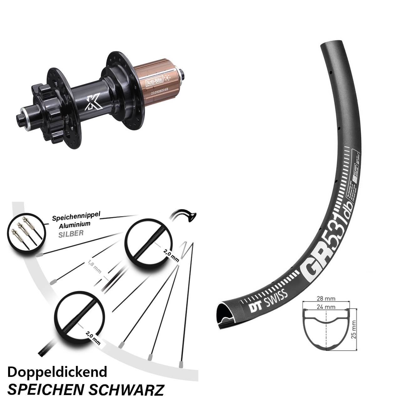 28 Zoll DT Swiss GR531 KX-M Disc Laufrad für Schnellspanner 8-12 fach HG