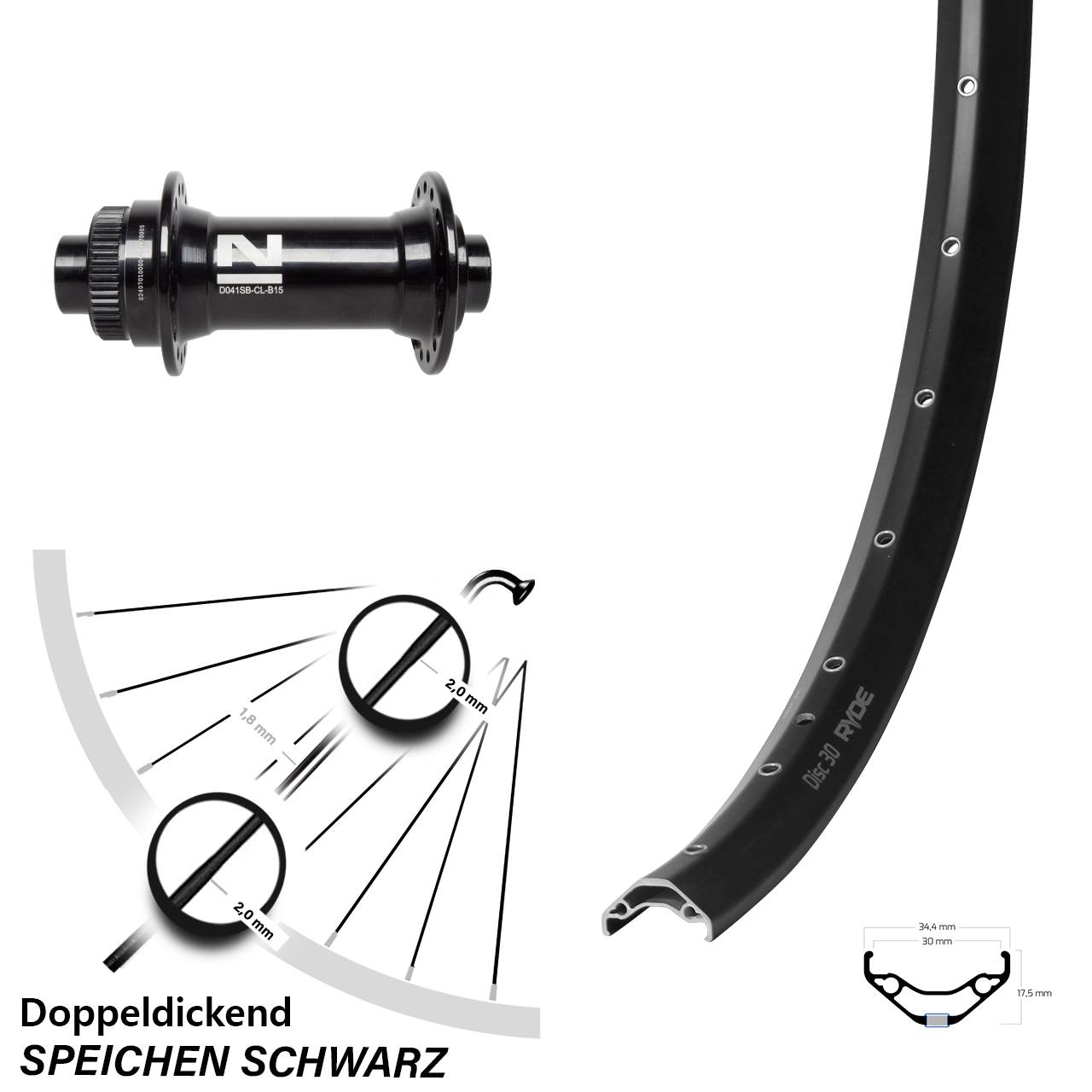 Ryde Disc 30 Novatec D041SB 27,5 Zoll Vorderrad 15x110 Boost Centerlock
