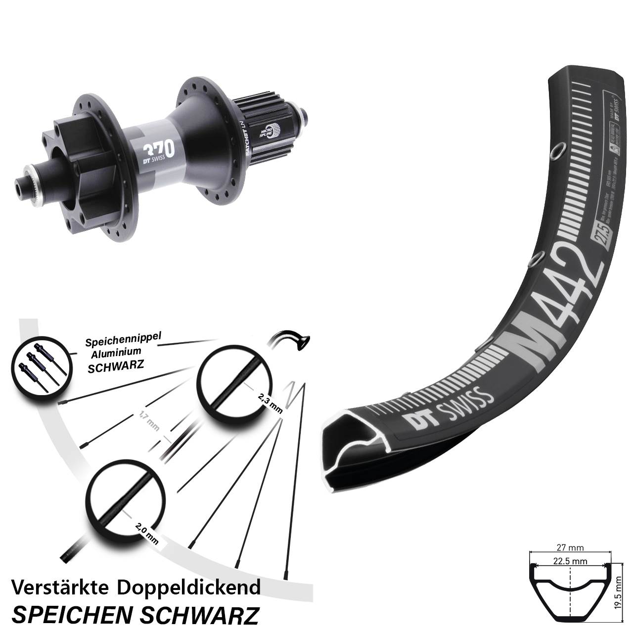 Hinterrad 6-Loch 28-29 Zoll DT Swiss M 442-370 Shimano Micro Spline für Schnellspanner