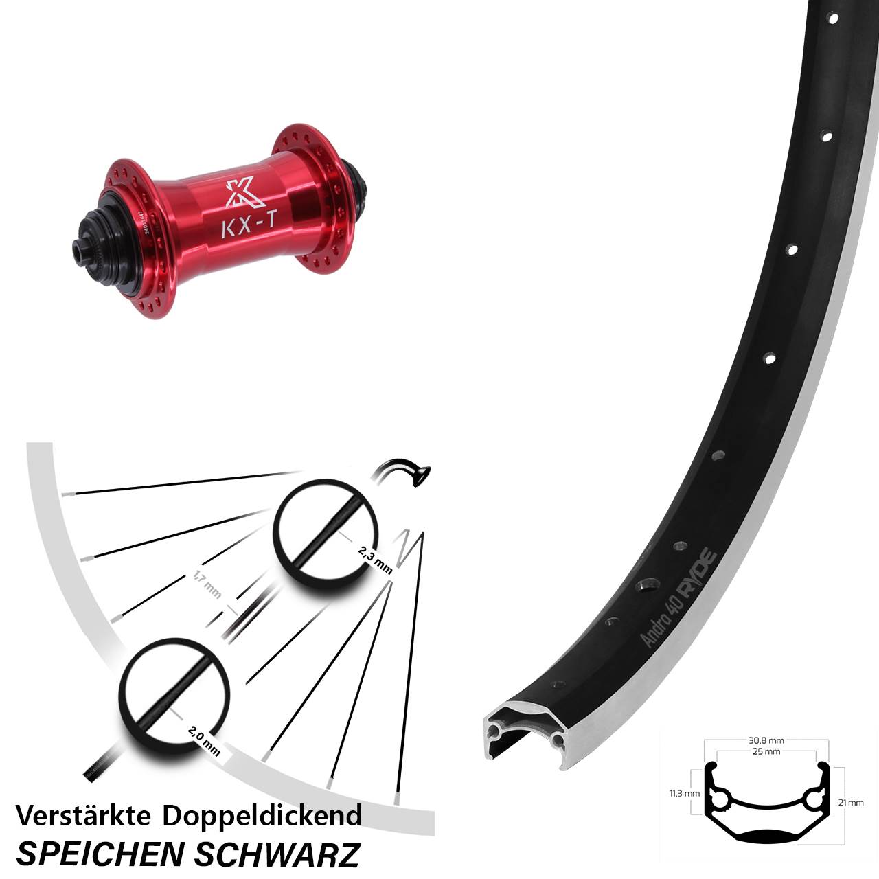 Ryde Andra 40 Vorderrad 20 Zoll KX-T rot 5x100 mm