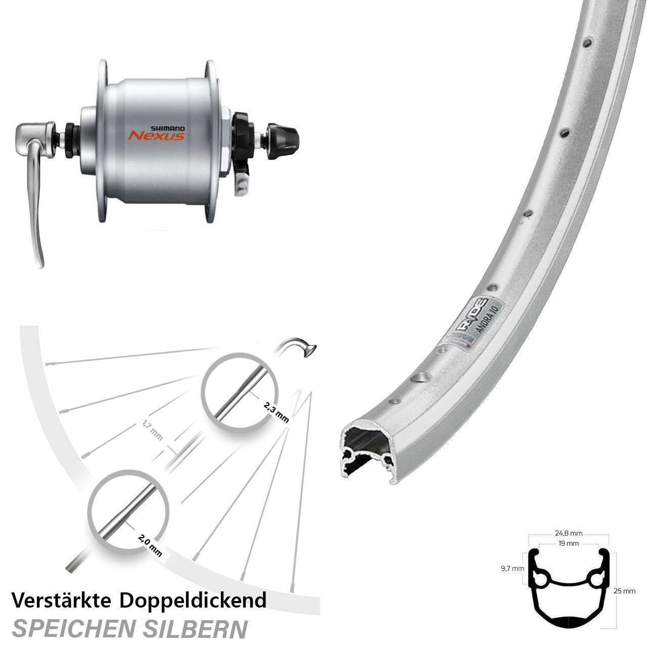 28 Zoll Ryde Andra 10 Vorderrad Shimano Nabendynamo QR silbern