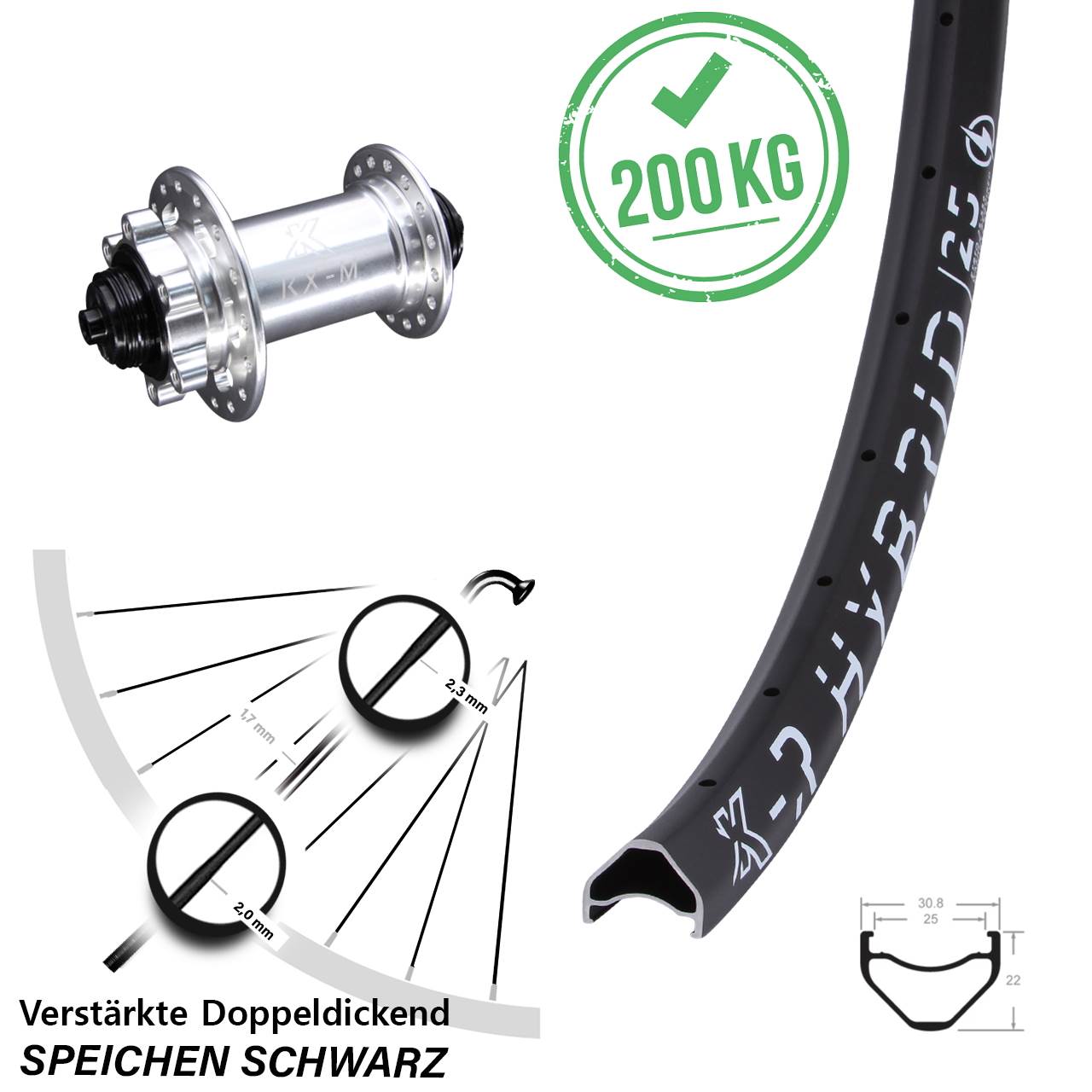 Vorderrad 6-Loch QR silbern 27,5 Zoll KX-R Hybrid 25 E-Bike verstärkt