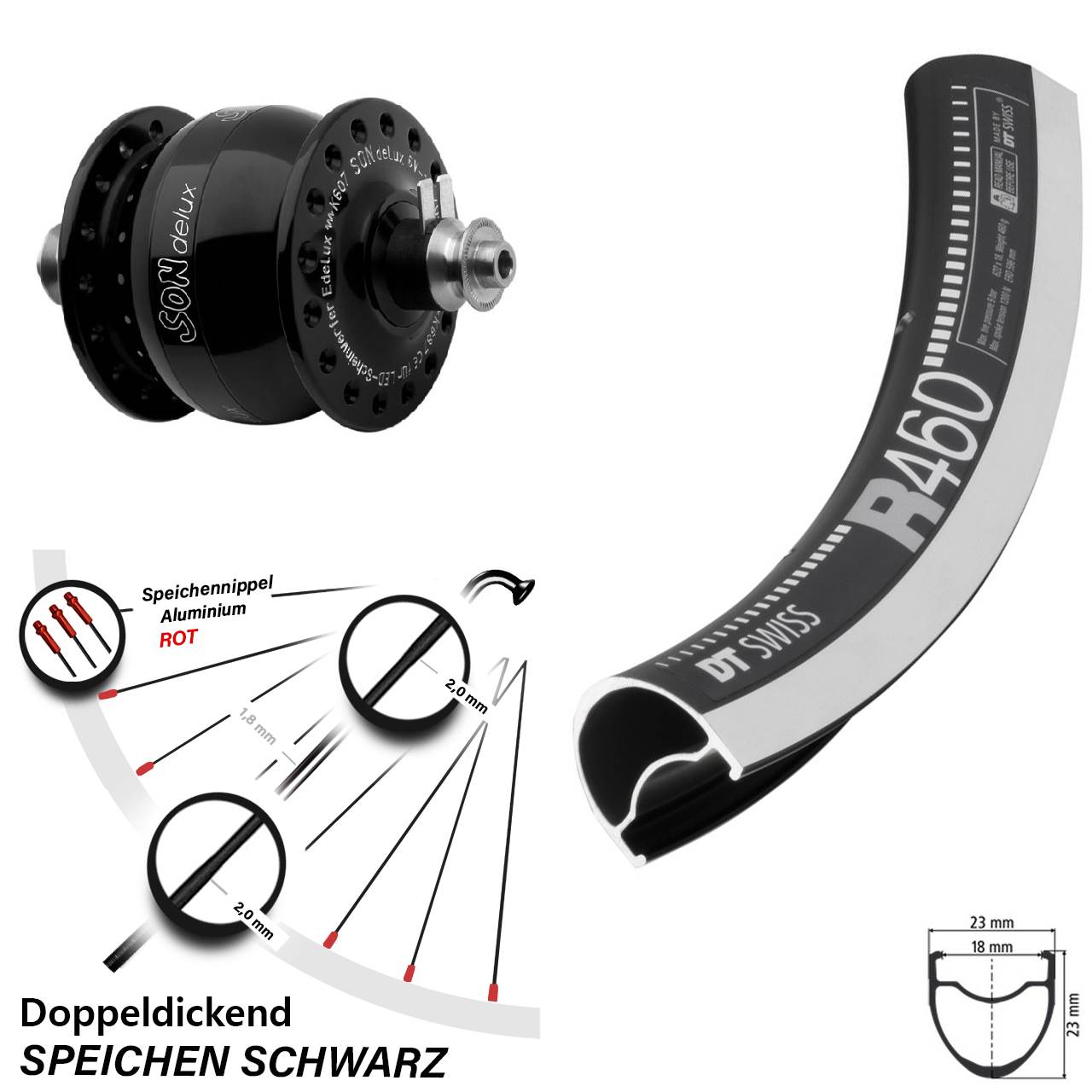 SON delux Rennrad Vorderrad 28 Zoll DT Swiss R 460 5x100 schwarz