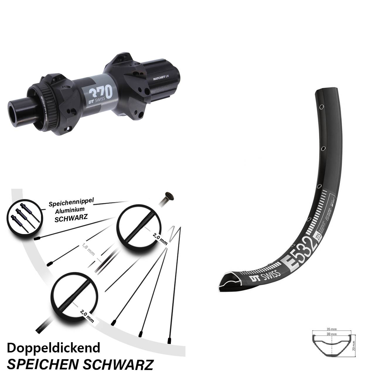 29 Zoll DT Swiss E532 DT Swiss 370 Straightpull Boost Disc Hinterrad 8-11 fach HG