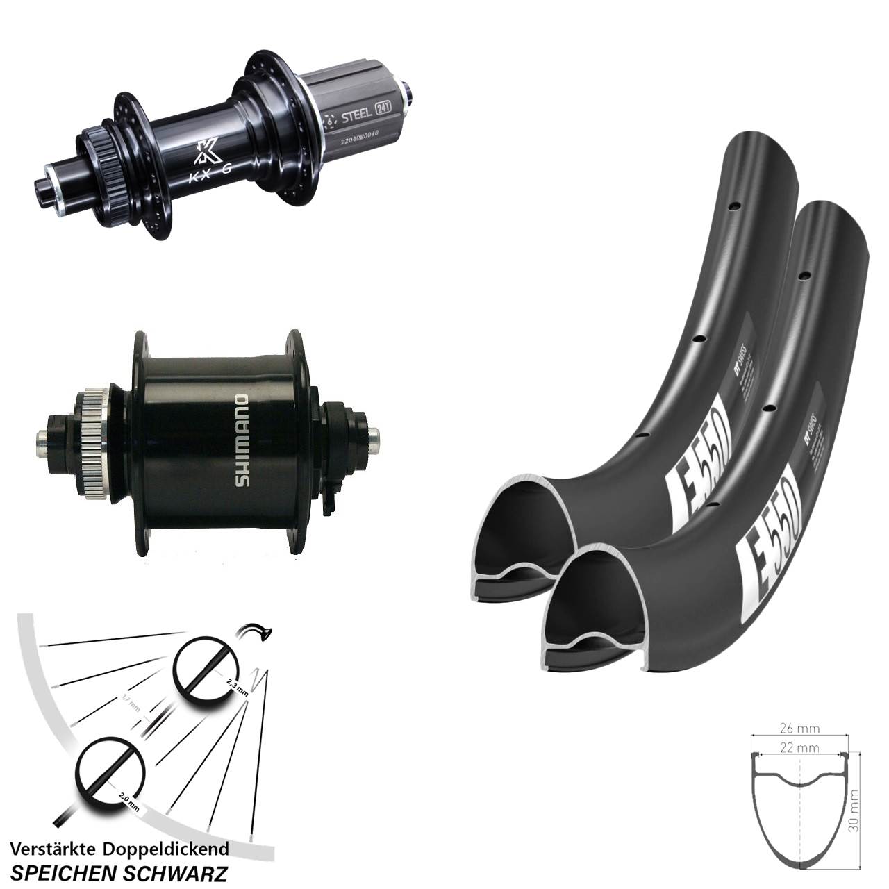 Laufradsatz QR 28 Zoll DT Swiss E550 KX-GS verstärkt Shimano DH-UR700-3D 8-12 fach