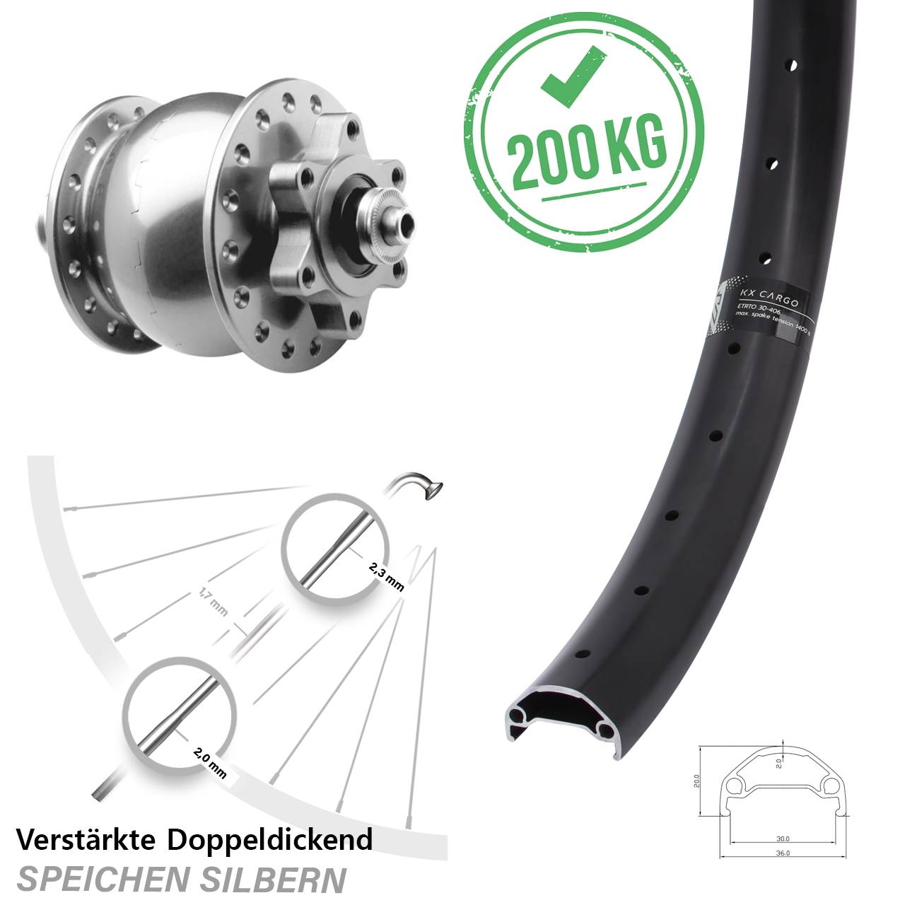 SON 28 KX Cargo 20 Zoll Vorderrad mit Nabendynamo 6-Loch für Schnellspanner