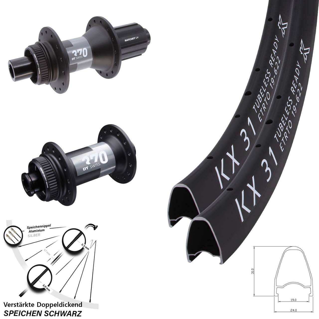 Laufradsatz Centerlock 15x100 12x142 28 Zoll KX 31 DT Swiss 370 11-12 fach HG