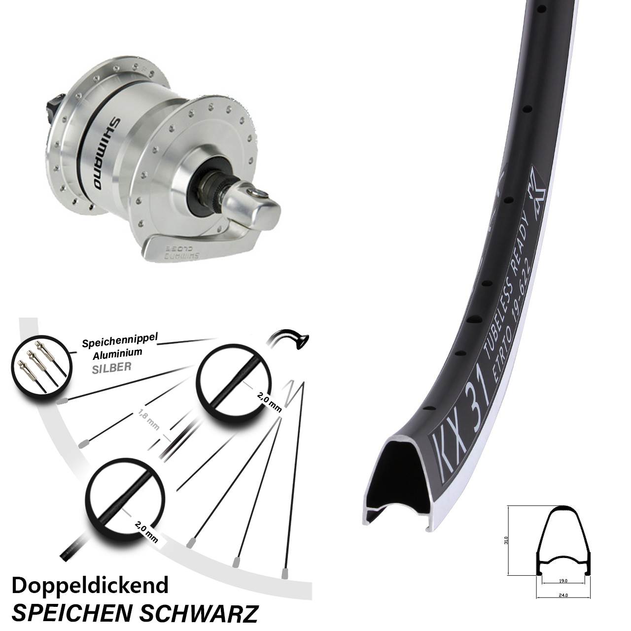 28 Zoll KX 31 Shimano DH3N72 Vorderrad mit Nabendynamo QR