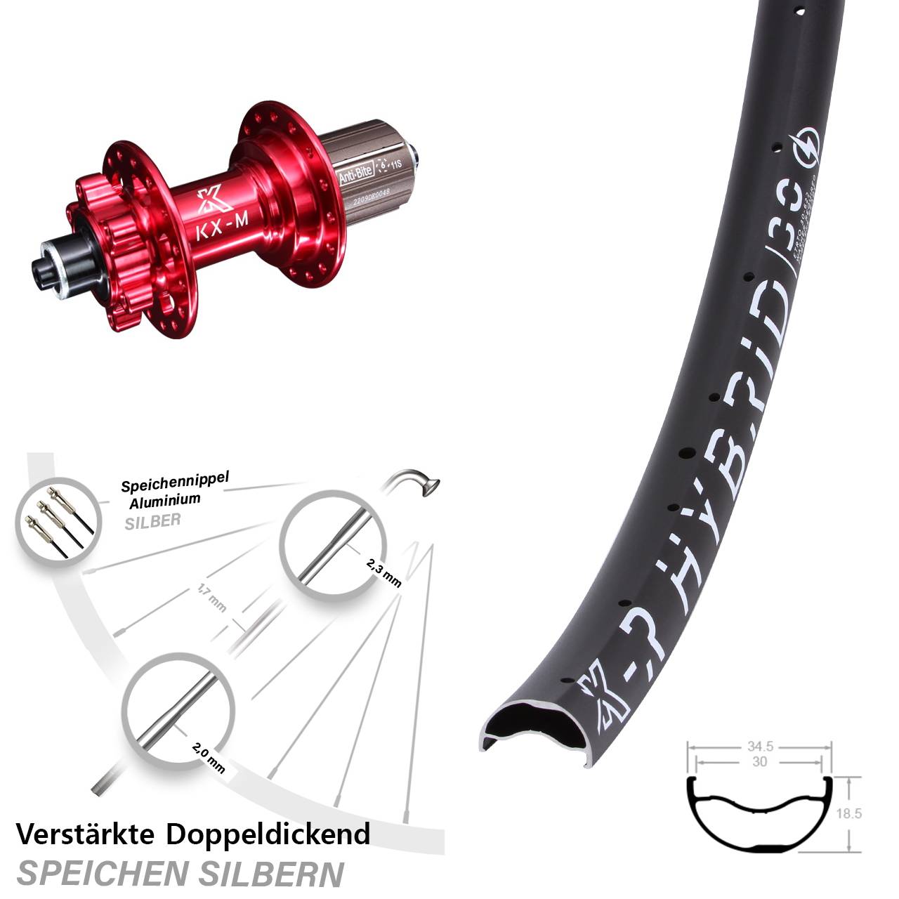 6-Loch Hinterrad 29 Zoll KX-MR Hybrid 30 rot 8-12 fach HG QR