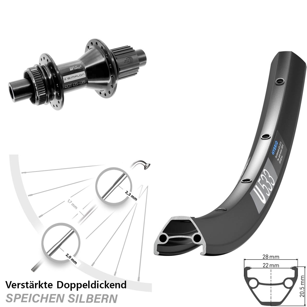 26 Zoll DT Swiss U 533 DT Swiss 370 Hybrid Disc Laufrad 12x142 Shimano Micro Spline