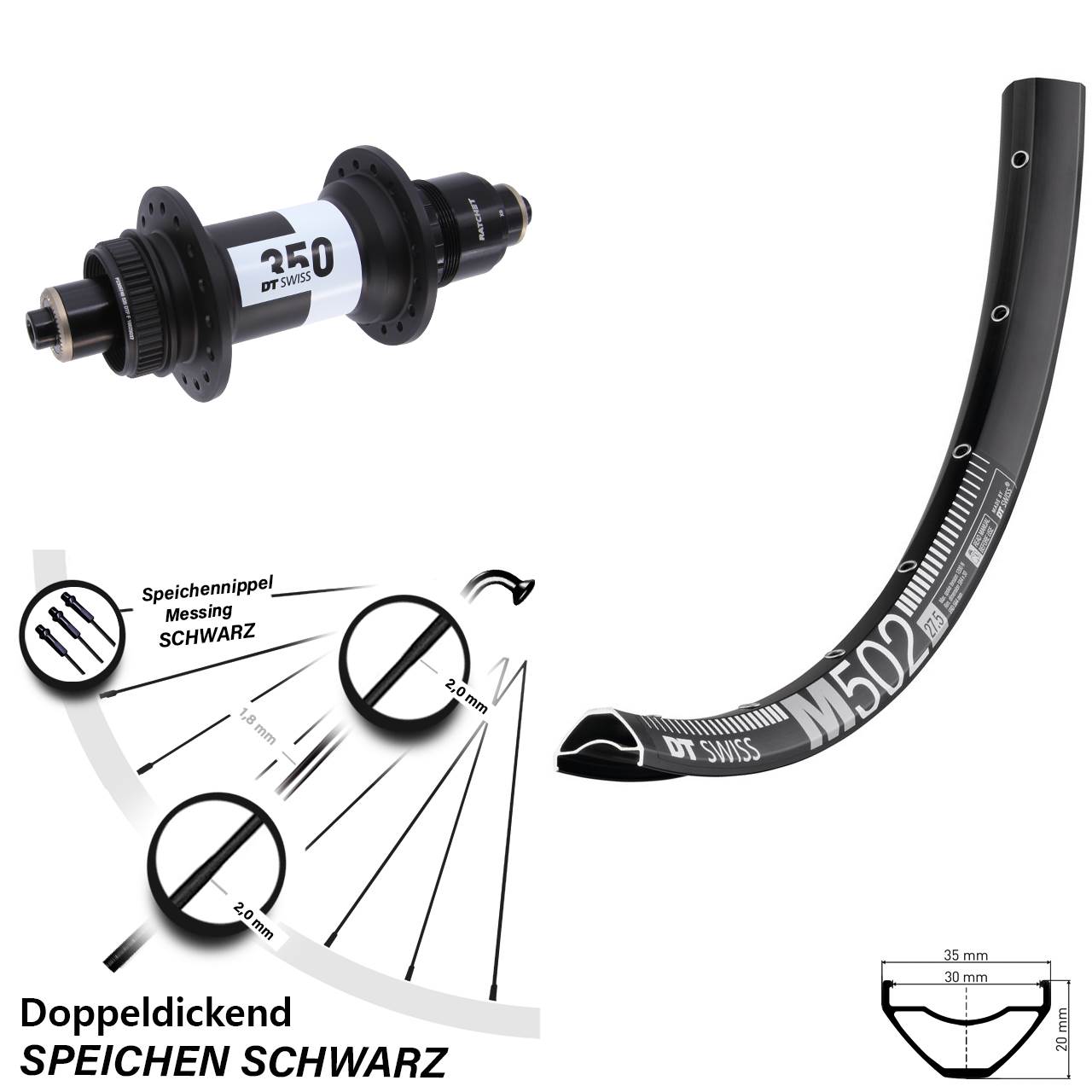 DT Swiss M 502-350 27,5 Zoll Disc Hinterrad für Schnellspanner XD 11-12 fach
