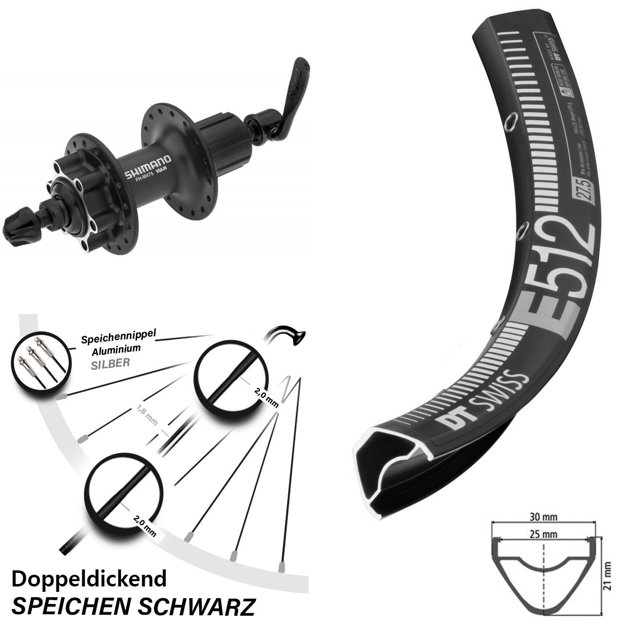 6-Loch Hinterrad 29 Zoll DT Swiss E 512 Shimano FH-M475 8-11 fach QR
