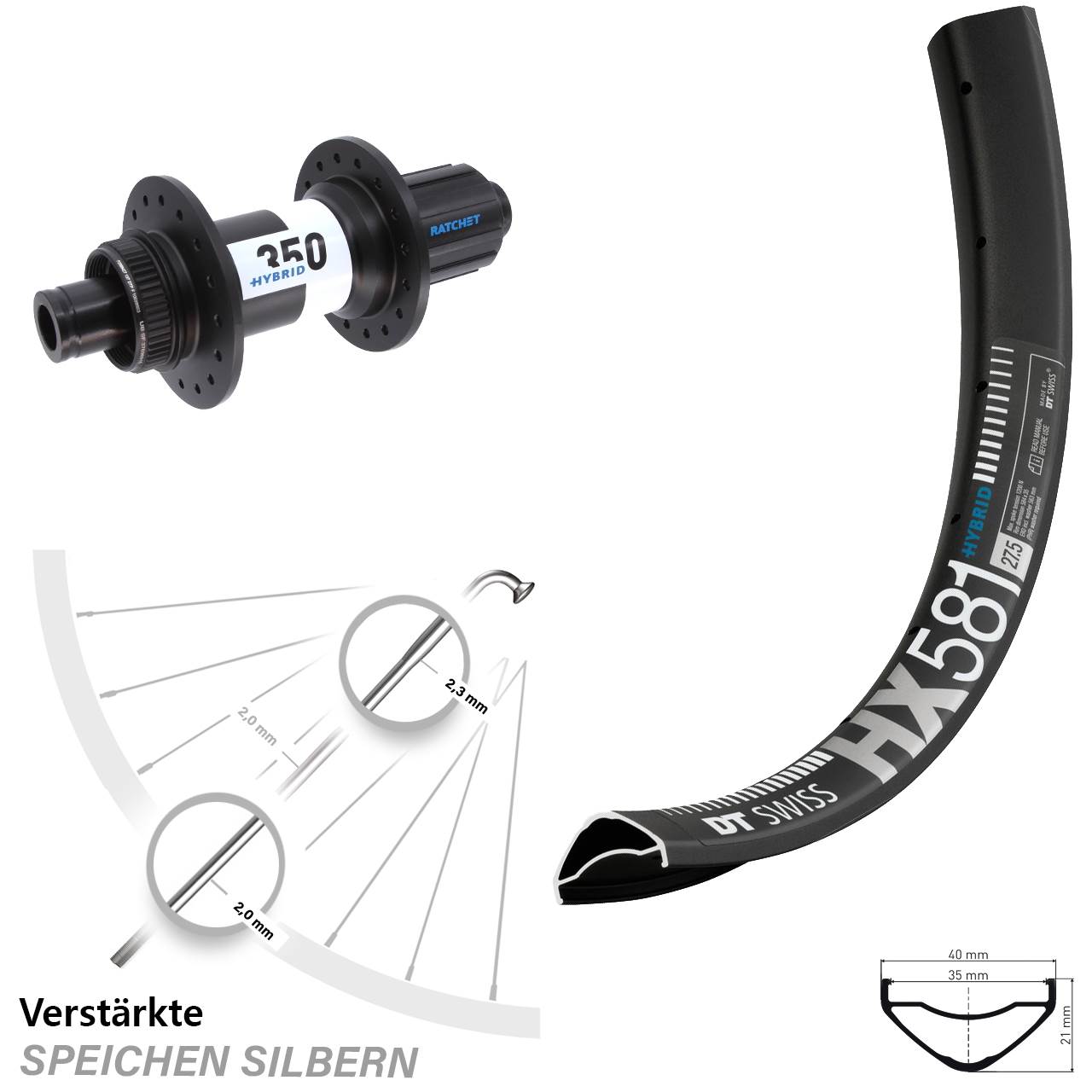 27,5 Zoll DT Swiss HX 581 350 Hybrid Disc Hinterrad 12x148 8-11 fach