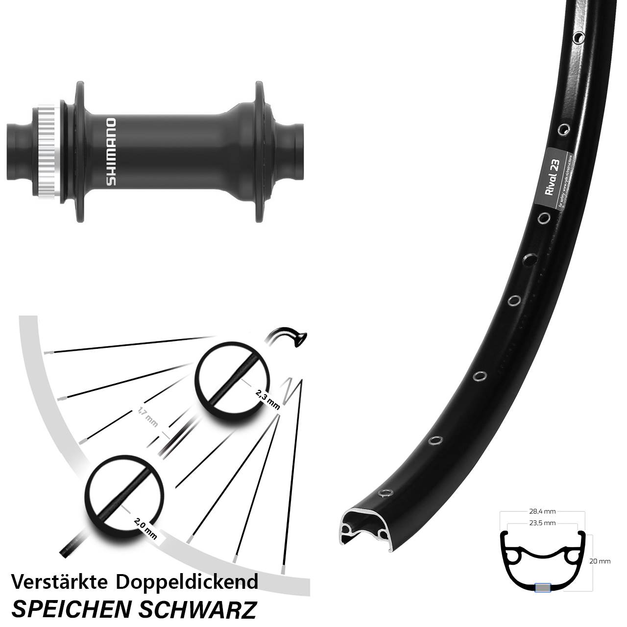 650B Ryde Rival 23 Shimano HB-MT410-B Disc Vorderrad 15x110 Boost
